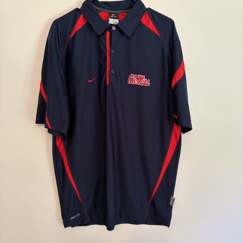 Nike Polo Shirt Medium Ole Miss Rebels Navy Blue Red Football Mississippi‎ Sport